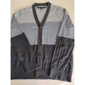 Tommy Hilfiger Cardigan Sweater Men's V-Neck Cotton Stripe Academia y2k Nerd L